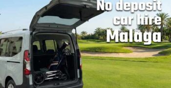 Furgoneta Ford Tourneo Courier gris con el maletero abierto mostrando bolsas de golf en un campo de golf. Texto superpuesto grande que dice "No deposit car hire Malaga" y el logo de Libra Rent a Car.