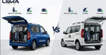 Infographic comparison of Toyota Proace City (blue, left) versus Fiat Dobló (white, right) boot space for golf. Both vehicles have open tailgates showing golf bags, trolleys, and suitcases with measurement lines and checkmark icons. "VS" graphic in center. Text labels: "Toyota Proace City: 597L" and "Fiat Dobló: Max Capacity". Libra Rent a Car logo top left.
