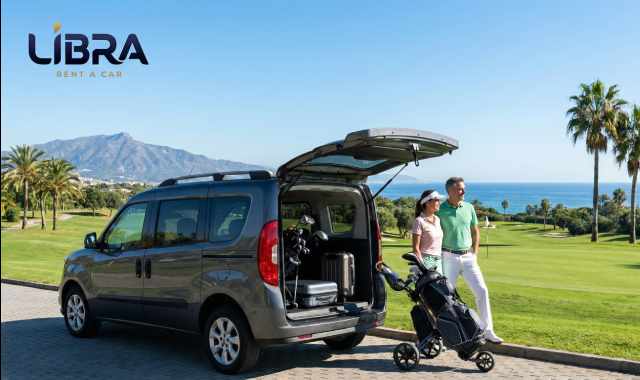 Car rental Estepona golf Fiat Doblo Maxi with golf clubs Marina background Libra Rent a Car
