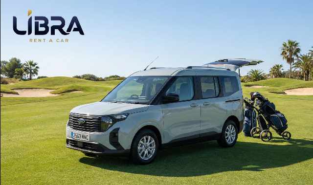 Car hire Fuengirola Ford Tourneo Courier for golfers with castle background Libra Rent a Car