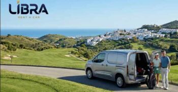 Manual Toyota Proace City car hire for golfers in Mijas Costa del Sol with golf clubs, white village background, and Libra Rent a Car logo.