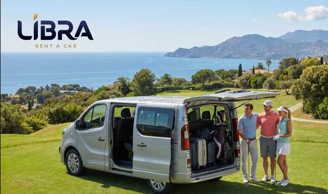 9 seater automatic van hire Malaga for golf groups with open boot and Libra Rent a Car logo