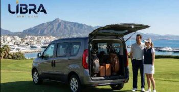 Black Opel Vivaro 9 seater automatic van hire Marbella for VIP golf groups with Libra Rent a Car logo.