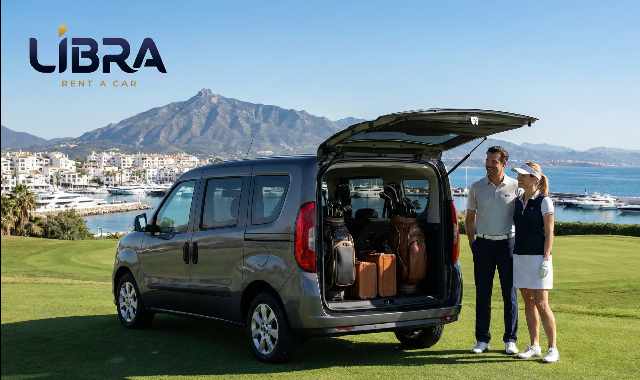 Automatic car hire Marbella golf Fiat Doblo Maxi with golf clubs Puerto Banus background Libra Rent a Car