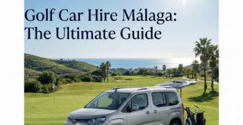 Toyota Proace City car hire for golfers in Malaga Costa del Sol with golf clubs and Libra Rent a Car logo.